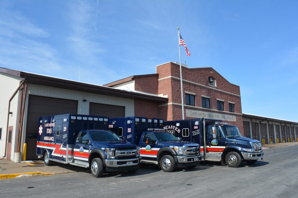 Lancaster Area Fire and Rescue Station with ambulances parked in front